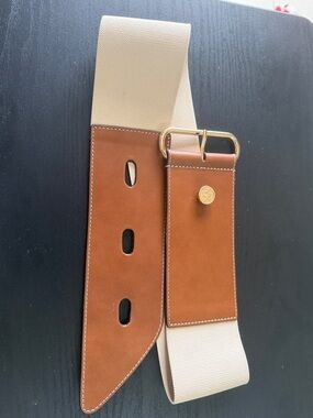 Michael Kors Beige Elastic Belt with Tan Leather Panels and Gold Buckle firm $$$